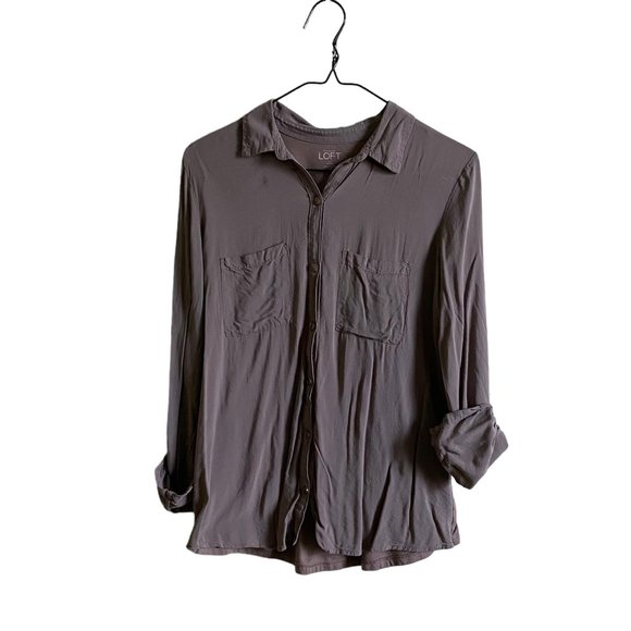 Ann Taylor Loft Green Button-Down Shirt Roll-tab Sleeves Spring Summer | Size MP - Picture 2 of 10